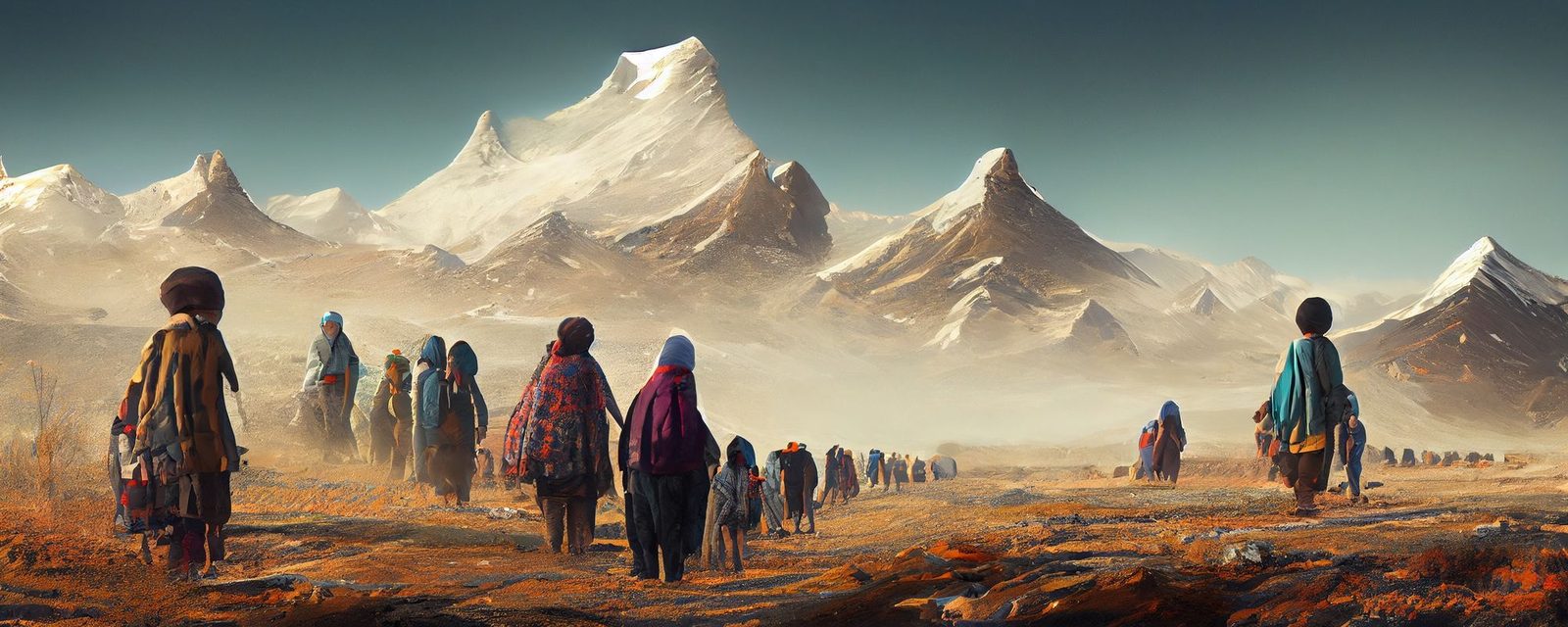 A group of nomads walking through the desert