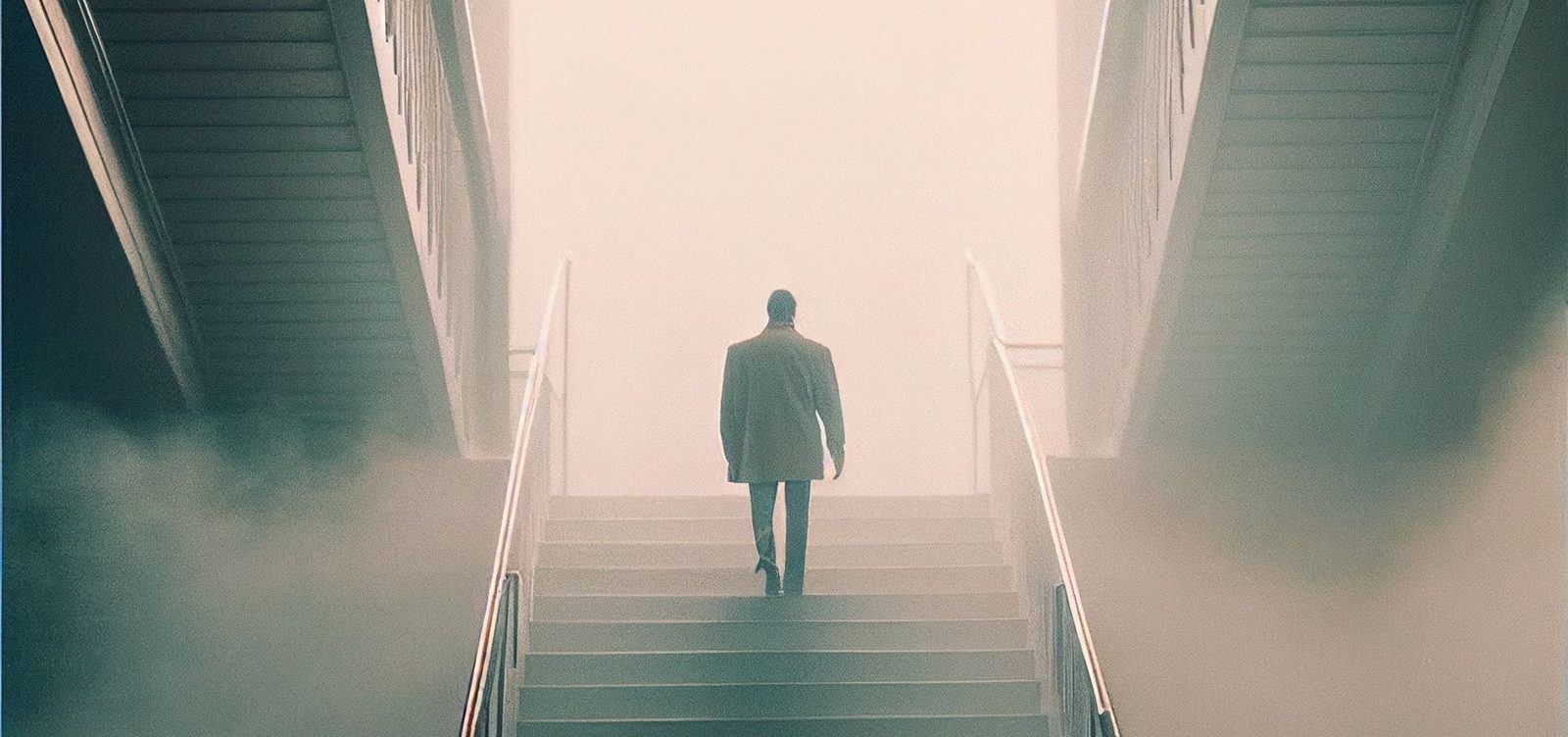 A person walking up a flight of stairs that dissolves into the sky