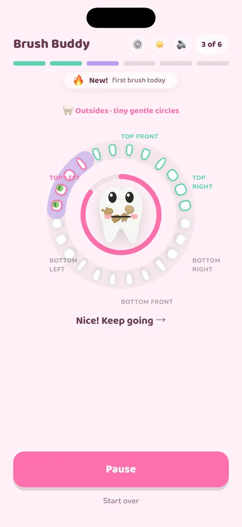 Brush Buddy while brushing: a ring of teeth around a smiling cartoon tooth, the top left lit up, with the cue 'Outsides, tiny gentle circles'