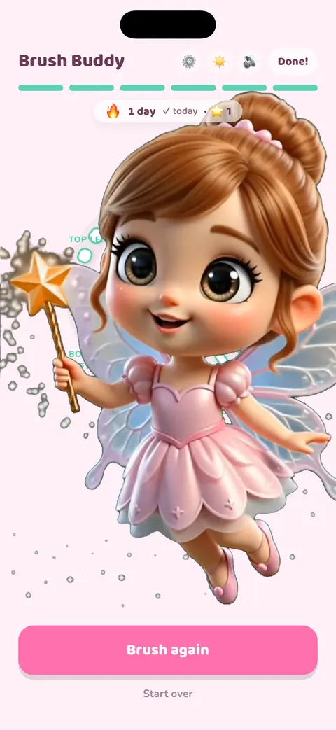 The end of a brush: a tooth fairy bursts onto the screen to celebrate, above a 'Brush again' button