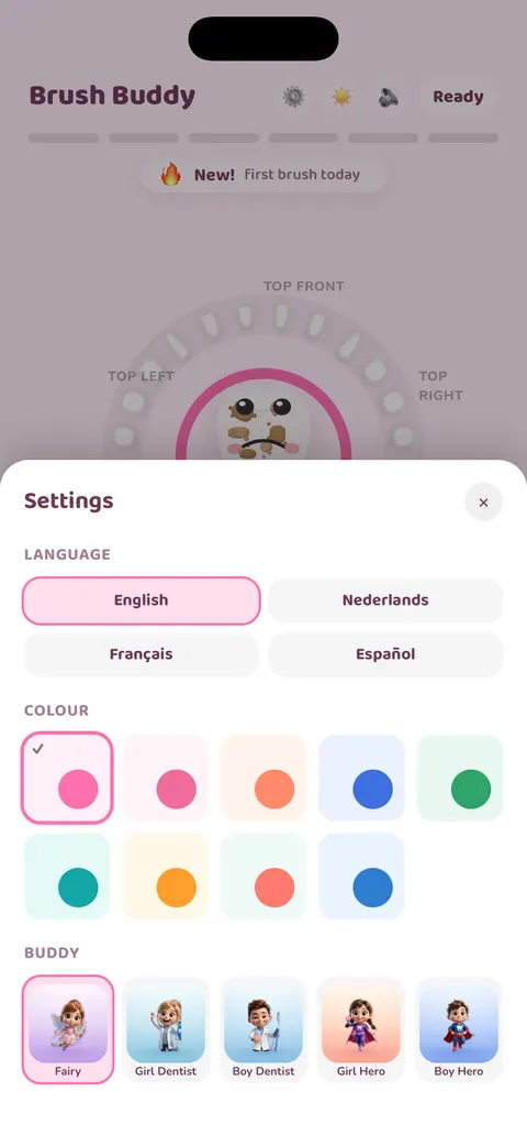 Brush Buddy's settings: four languages, nine colour schemes and five buddy characters to choose from