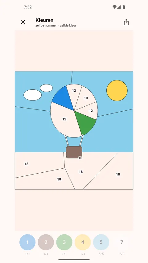 A colour-by-number page of a hot-air balloon, half coloured in, with the numbered colour palette below (app in Dutch)