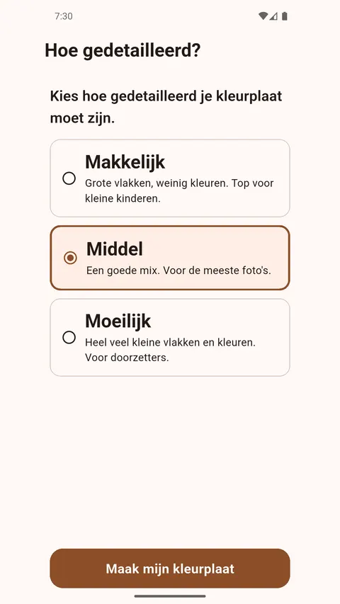 Choosing how detailed the page should be: easy, medium or hard (app in Dutch)