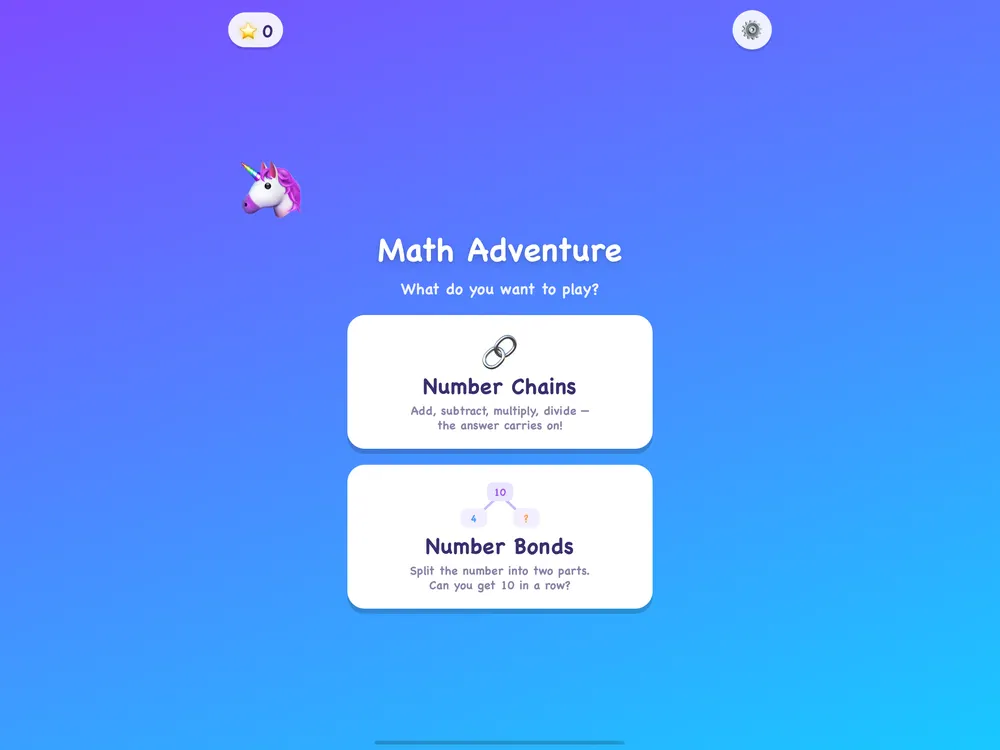 Math Adventure's start screen on an iPad: a unicorn and two games to choose from, Number Chains and Number Bonds
