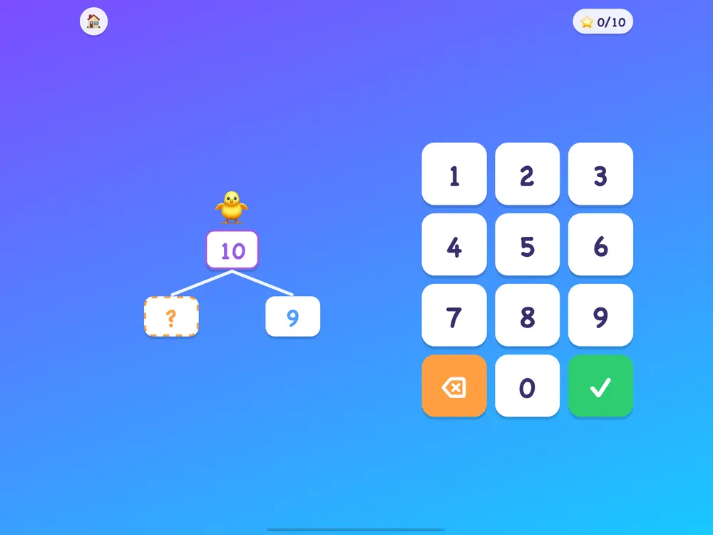 Number Bonds: 10 splits into 9 and a missing number, with a chick cheering on and a score of 0 out of 10