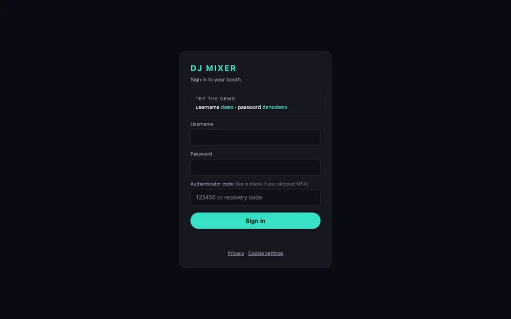 The Pass the Aux sign-in page, 'DJ Mixer: sign in to your booth', with the demo account shown above the form
