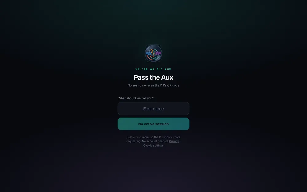 The guest page that opens from the DJ's QR code: the Pass the Aux logo and a field for your first name to join the room