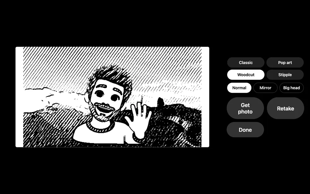 The review screen after a photo: the sticker in the Woodcut look exactly as it will print, with buttons to change the look, get the photo, retake or finish