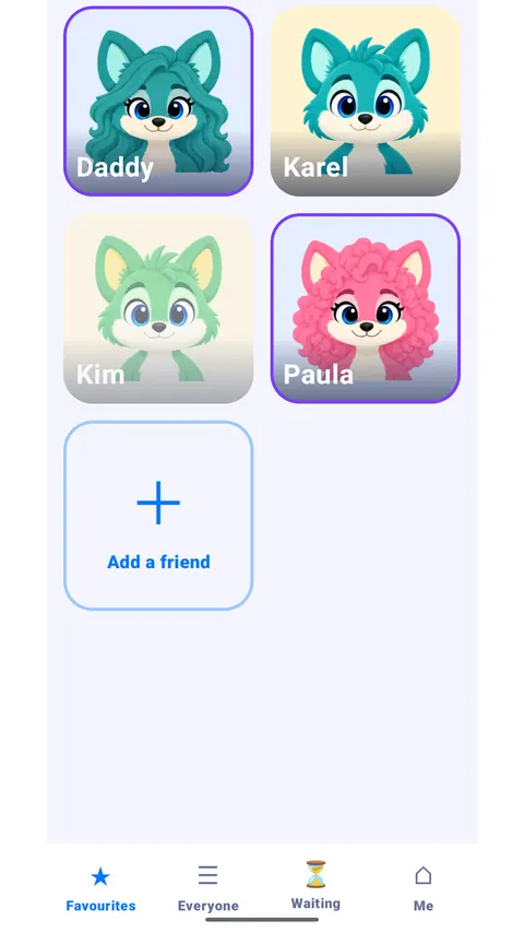 Rilo's home screen for a child: a grid of fox faces, one for each person they may call, and a button to add a friend