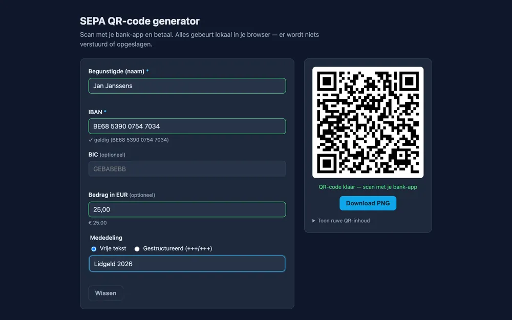 The SEPA QR-code generator with an example filled in: name, IBAN, an amount of €25 and a free-text message, and the finished QR code next to it