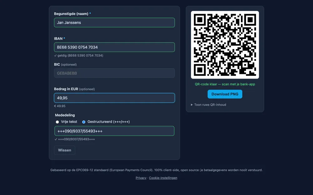 The same form with a Belgian structured message (+++090/9337/55493+++), each field confirmed as valid, and the QR code with a Download PNG button