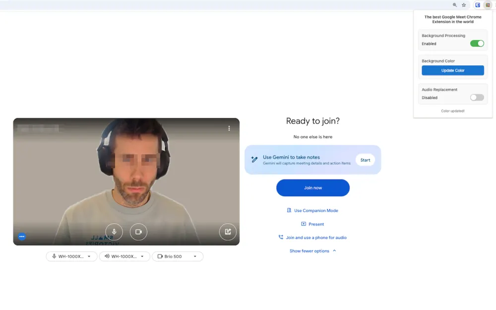 A Google Meet waiting room with the extension's popup open: Marijn, face pixelated, in front of a flat grey-beige background that matches his sweater